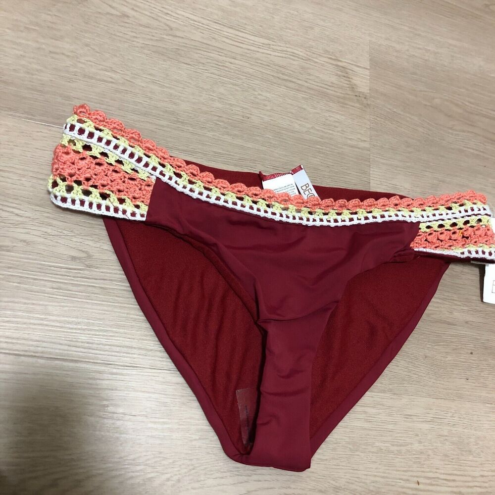 becca bikini bottoms deep red large knitted trim size l full coverage nwt 006